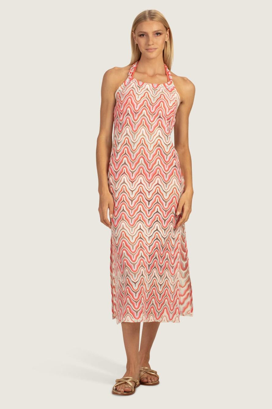 Trina Turk Serafina Crochet Halter Zigzag Multicolor Beach Coverup Midi Dress S